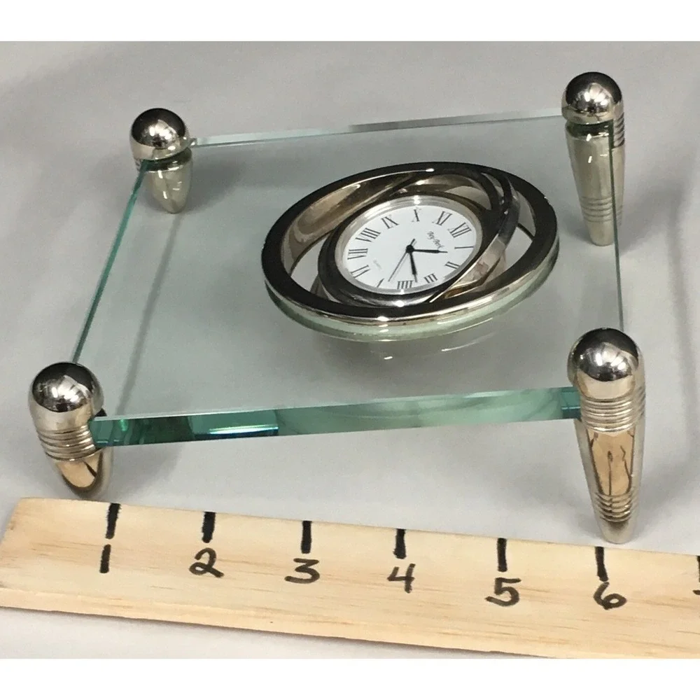Vintage Bey-Berk Quartz Heavy Glass and Silver Desk Gyroscope Clock